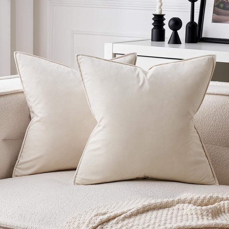 MIULEE Pack of 2 Decorative Christmas Velvet Throw Pillow Covers Soft Pillowcases Solid Square Cushion Case for Winter Sofa Bedroom Car 22x22 Inch Cream White - Image 1